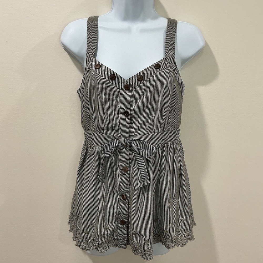 Daytrip Buckle Womens Size Small Black Grey Strappy‎ Striped Tank Top Eyelet